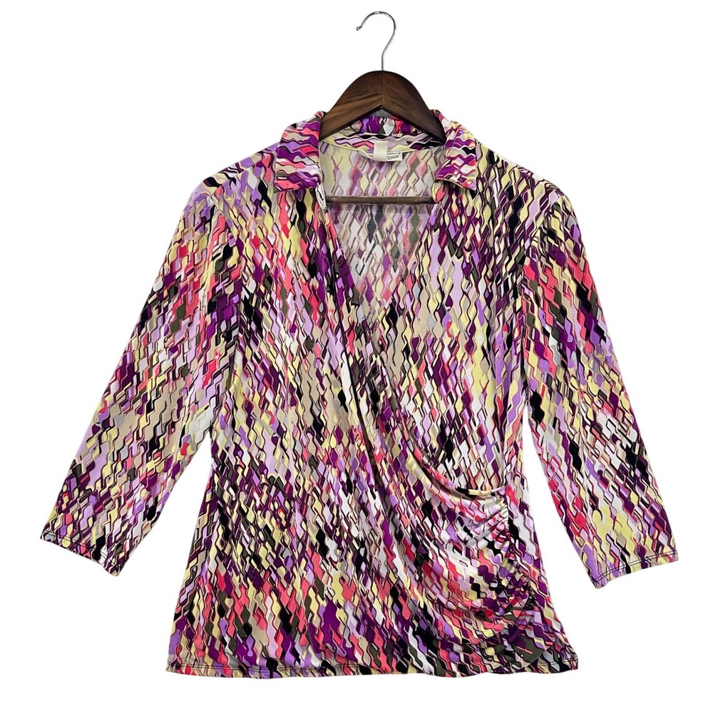 Dana Buchman Faux Wrap‎ Top Women L Multicolor Excellent Abstract 3/4 Sleeve